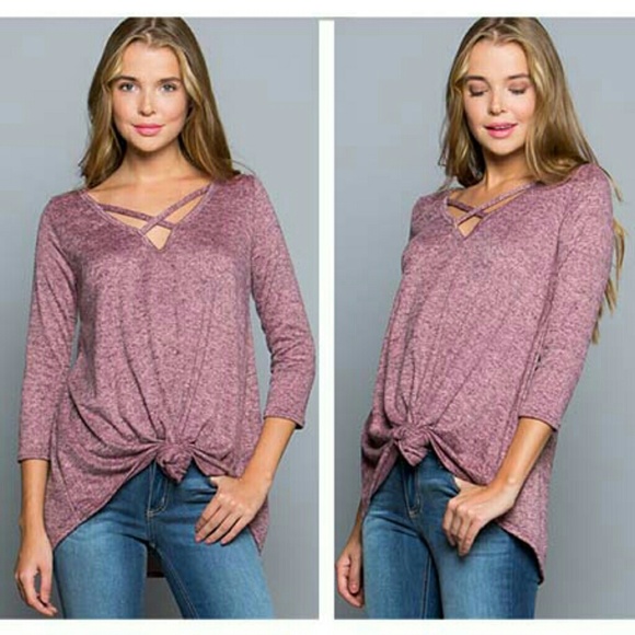Tops - Dark mauve cross front knot hem top
